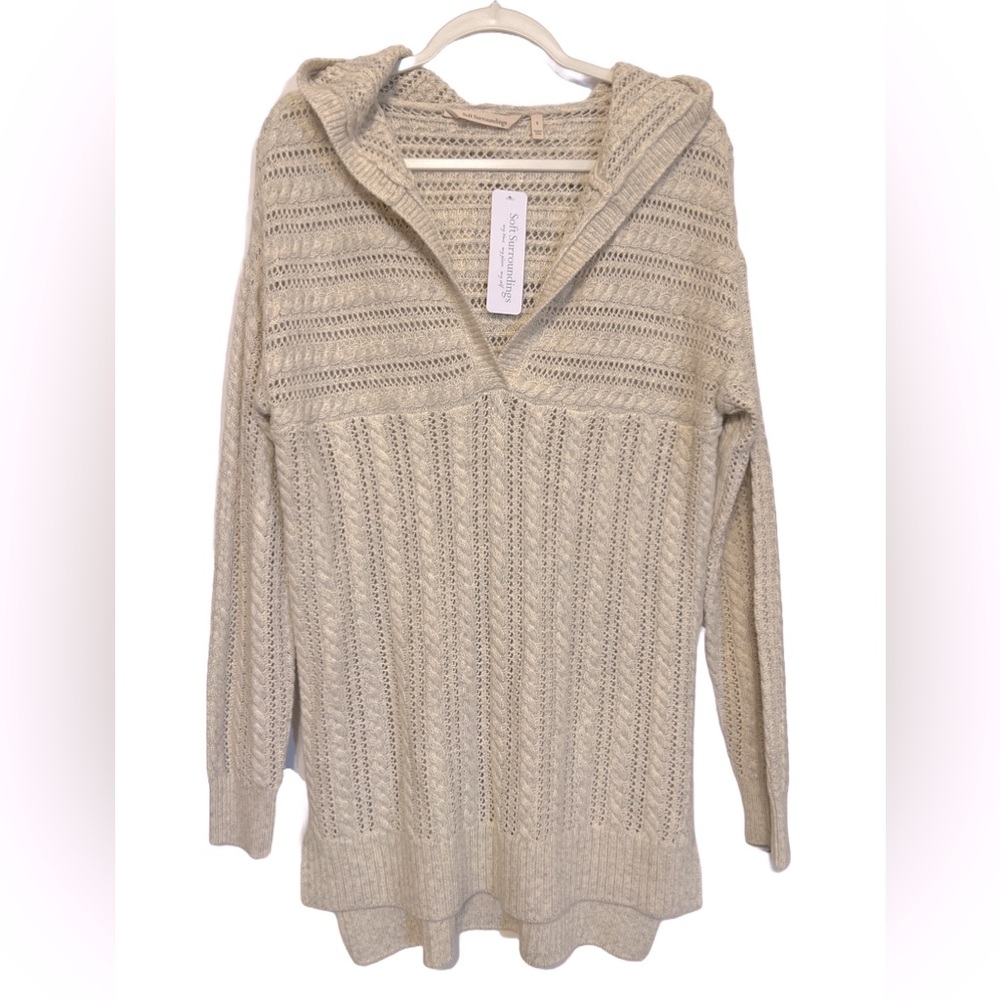 Soft Surroundings cozy cable knit pullover hoodie w/long sleeves heather beige S